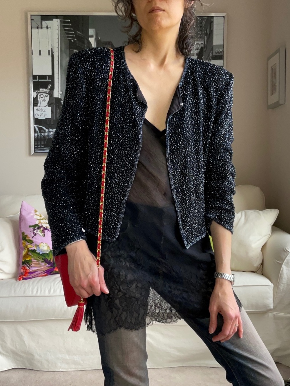 Black fully beaded light jacket